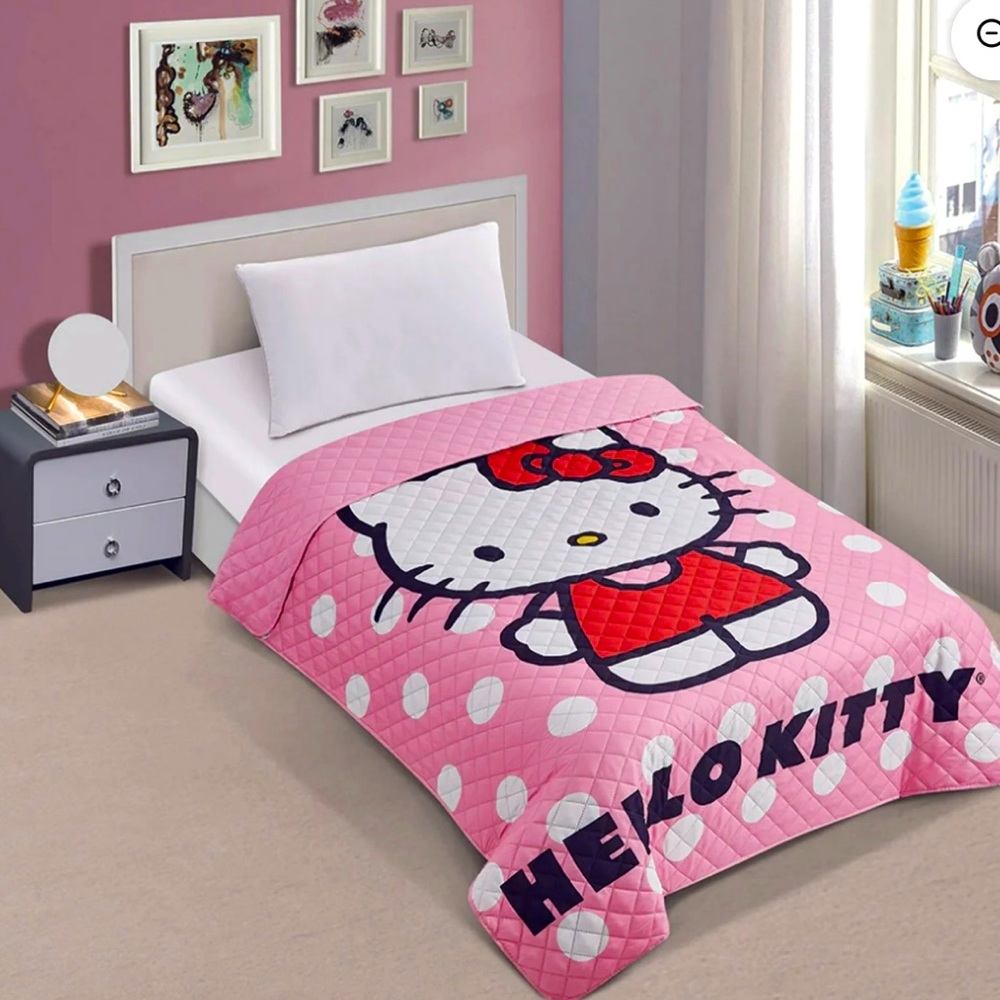 New Hello Kitty Pink Quilted Bedspread Polka Dot Size Twin by Jay Franco